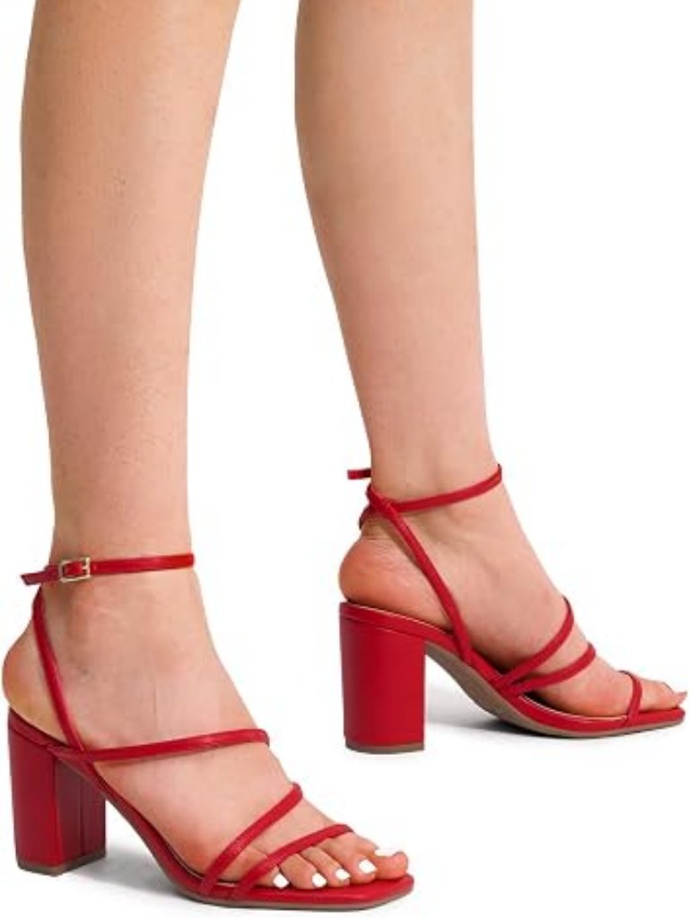 Women's Heels Chunky Block Strappy Square Open Toe Ankle Buckle 3.15 Inch Heeled